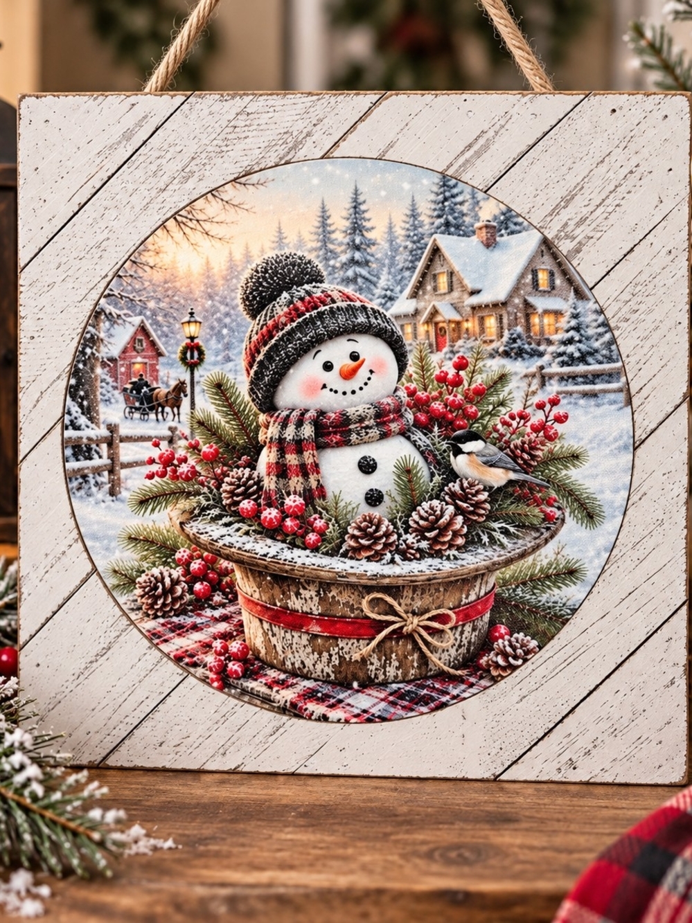 Hand Crafted Red & White Snowman Holiday Wall Hanging